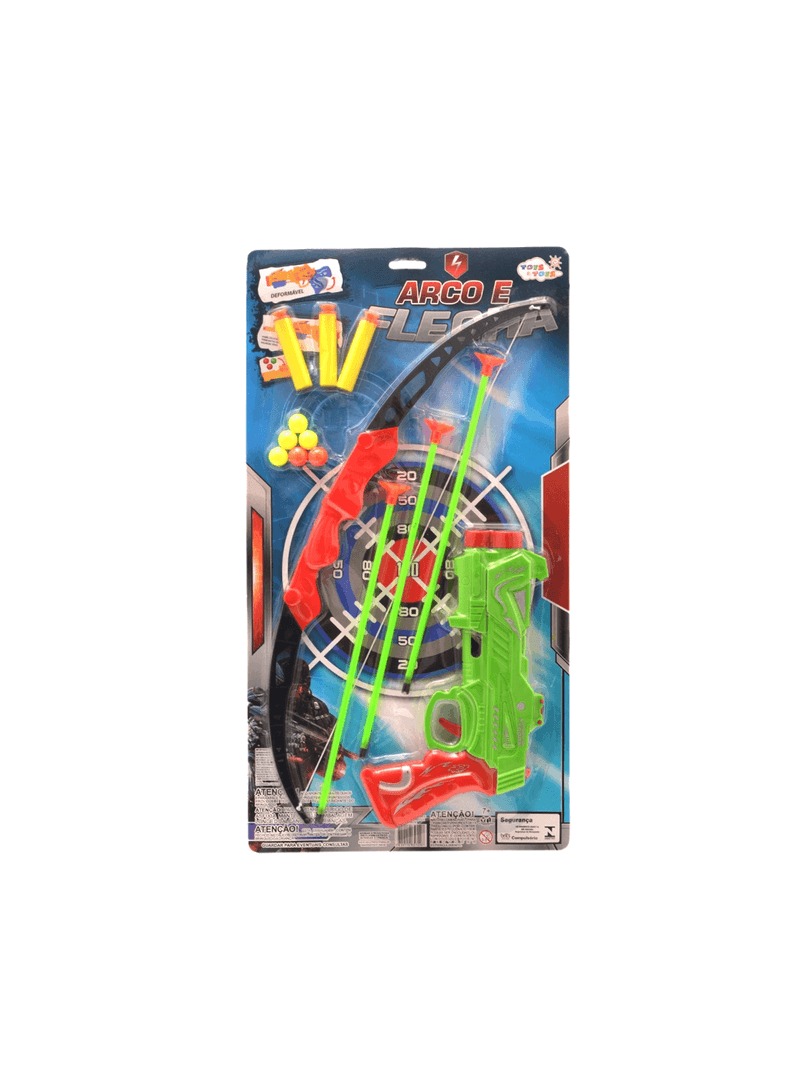 conjunto de brinquedo de arco e flecha com tema "Tiro ao Alvo".