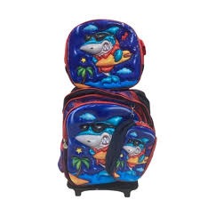 conjunto de mochilas escolares infantis com rodinhas e design 3D.