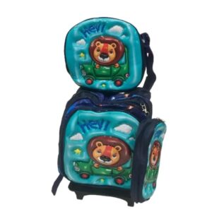 bolsa conjunto de mochila infantil com rodinhas, lancheira e estojo com tema de leãozinho.   Design 3D holográfico