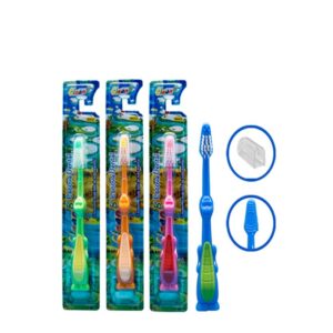 brinquedos escova dental infantil da marca Blu, com um design de jacaré no cabo e cerdas macias. 