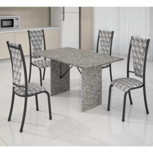 mesa de jantar com tampo e base de granito e quatro cadeiras tubulares,