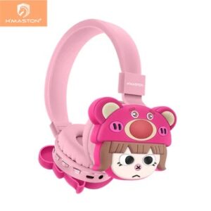 fone de ouvido sem fio infantil H'maston SN20 na cor rosa com um design de personagem "cute girl". 