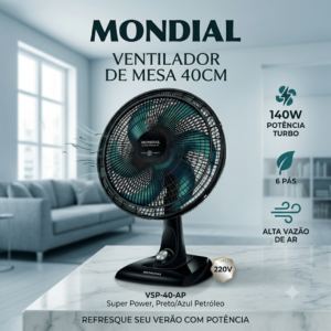🔥 VENTILADOR MONDIAL SUPER POWER 40CM – O MAIS VENDIDO DE 2026! 🌪️  💨 Mais vento. Mais potência. Mais conforto para sua casa!  Chega de sofrer com o calor! O Ventilador Mondial Super Power 40cm entrega um vento forte e silencioso para refrescar qualquer ambiente.